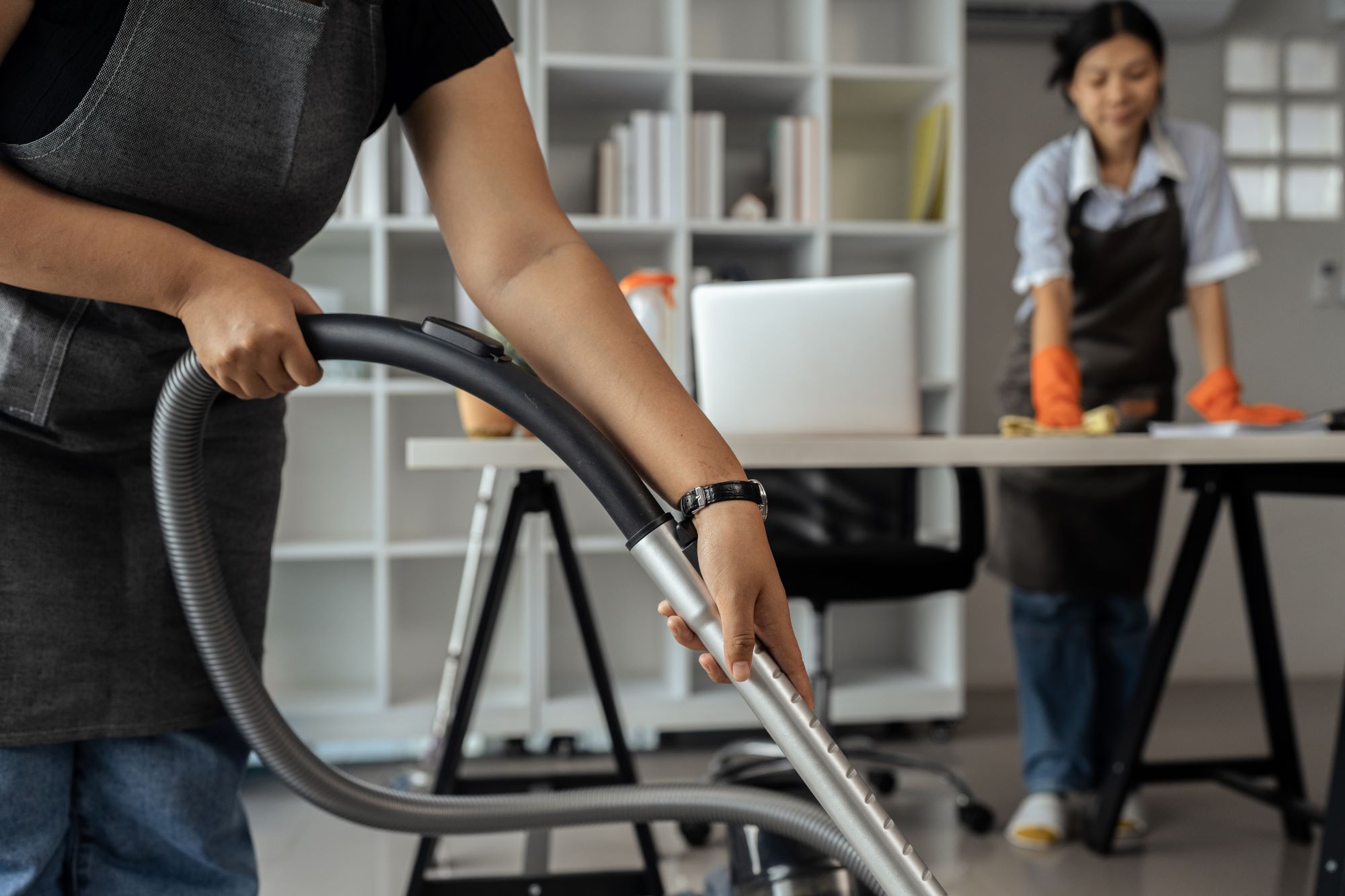 Maid housekeeper service wear apron and vacuuming 2025 02 19 05 02 43 utc